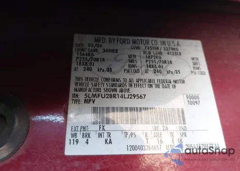 2004 Lincoln Navigator z USA, uszkodzony, nr VIN 5LMFU28R14LJ29567